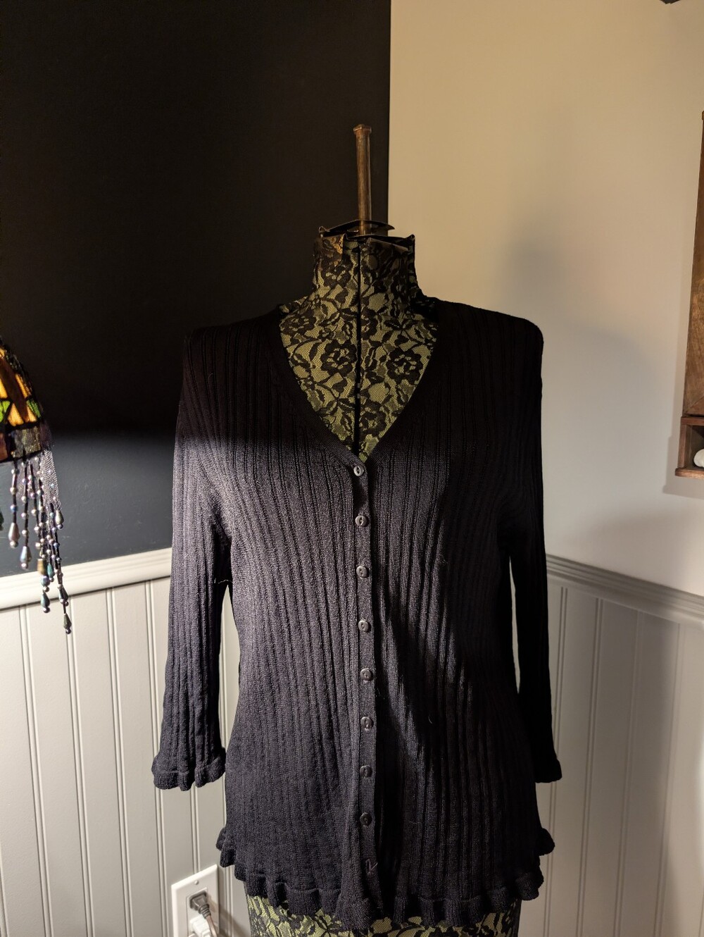 Women’s Black Ribbed Button-Front Sweater Cardigan